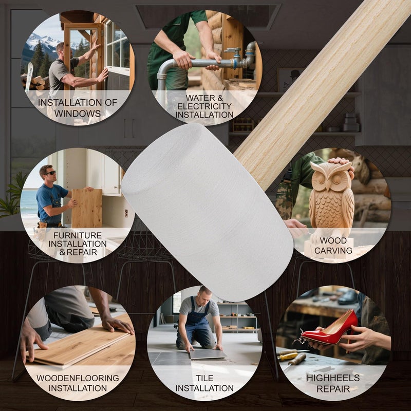 Gunpla Rubber Mallet - 12 oz Anti-Slip Wooden Handle Soft Double Face White Rubber Head Mallet for DIY, Tile Setting, Laminate Flooring Installs & More - Image 2